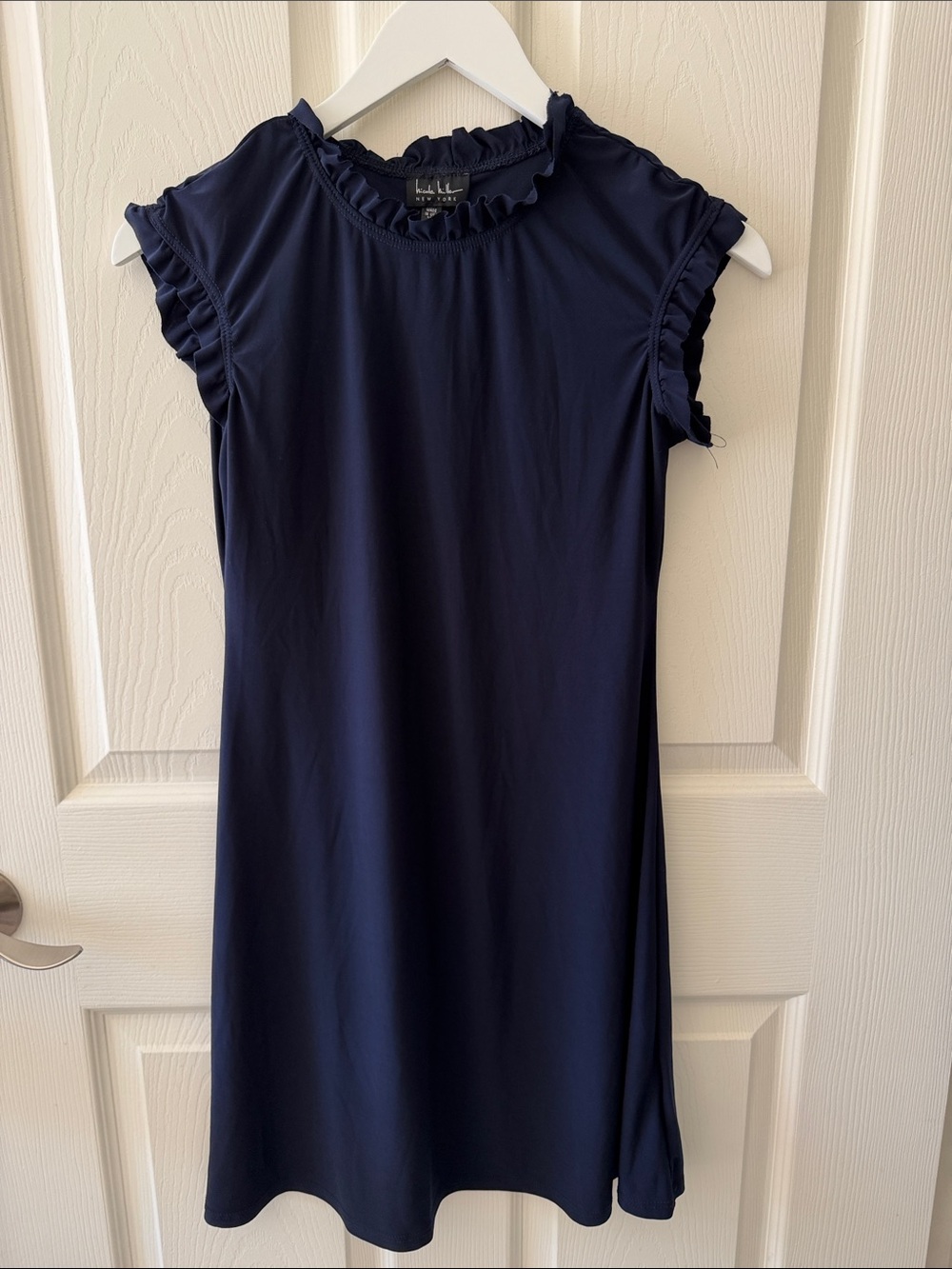 Sleeveless Ruffle-Trim Mini Dress in Navy
